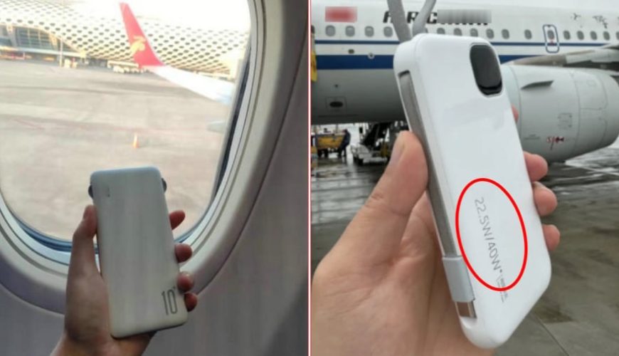 Hành khách cầm pin sạc dự phòng trên máy bay, hiển thị dung lượng Wh.