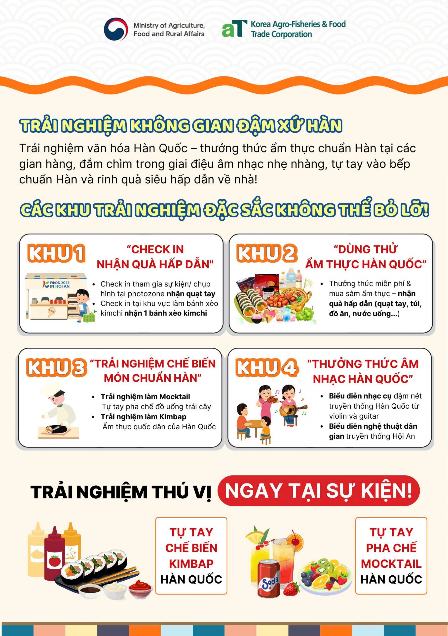  Infographic giới thiệu các khu trải nghiệm tại Lễ hội Văn hóa Ẩm thực Hàn Quốc, bao gồm khu check-in, khu thưởng thức ẩm thực, khu chế biến món ăn và khu thưởng thức âm nhạc.