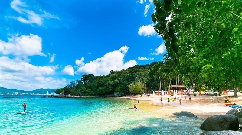 Bãi biển Patong ở Phuket với du khách chèo ván đứng và cây xanh