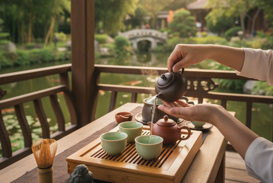 Cận cảnh đôi bàn tay đang rót trà nóng theo nghi thức trà đạo truyền thống, với khung cảnh sân vườn xanh mát làm nền.